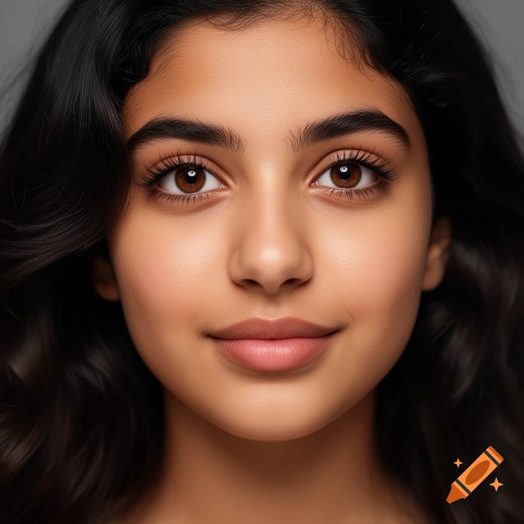 Photorealistic close-up portrait of a young woman with warm olive skin, dark wavy hair, and expressive brown eyes.