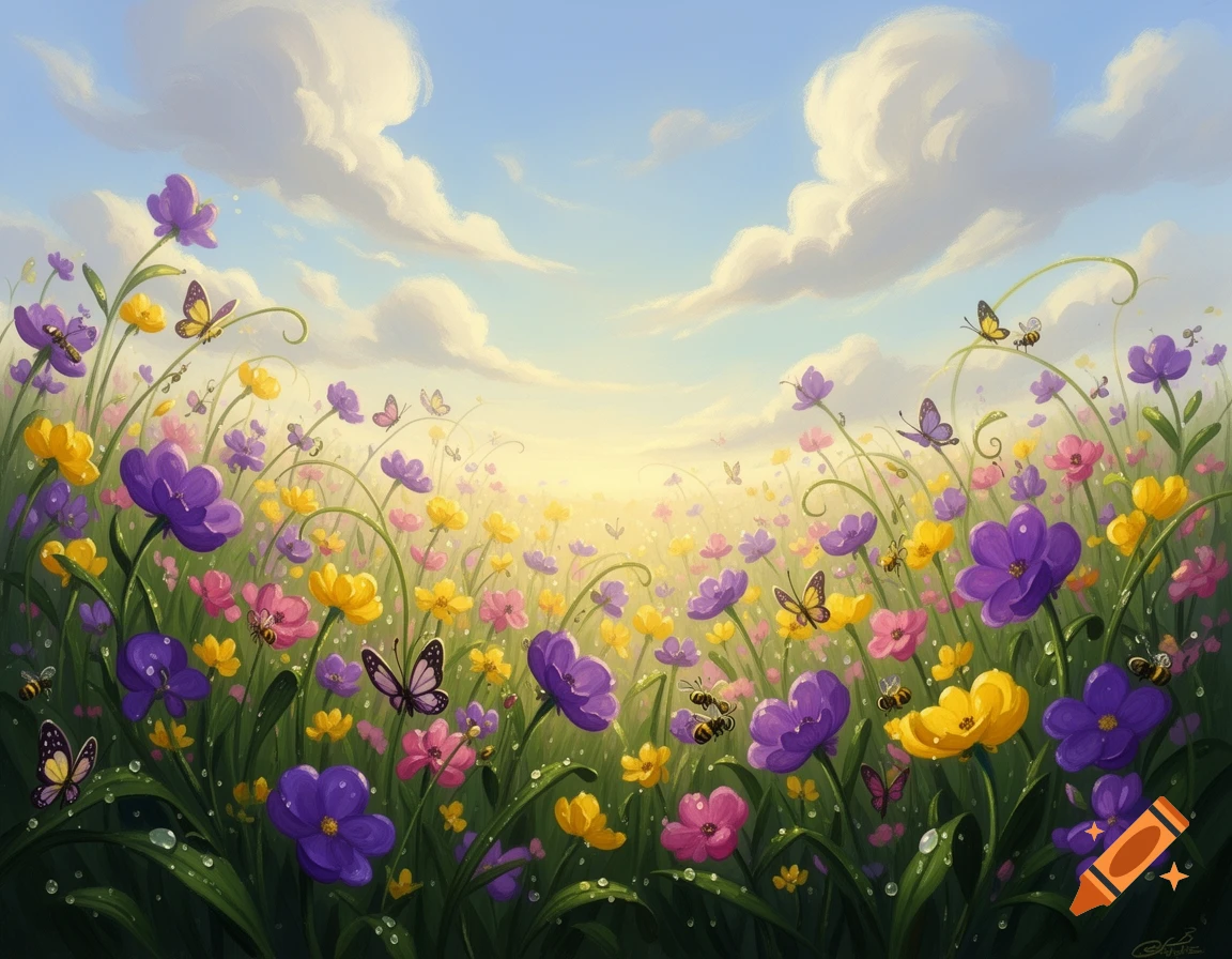 Whimsical painting of a vibrant field of purple, yellow, and pink wildflowers with butterflies and bees under a sunny blue sky.