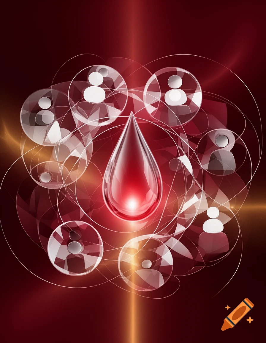 A glowing red droplet surrounded by translucent circles with human icons, interconnected by white lines on a dark red abstract background.