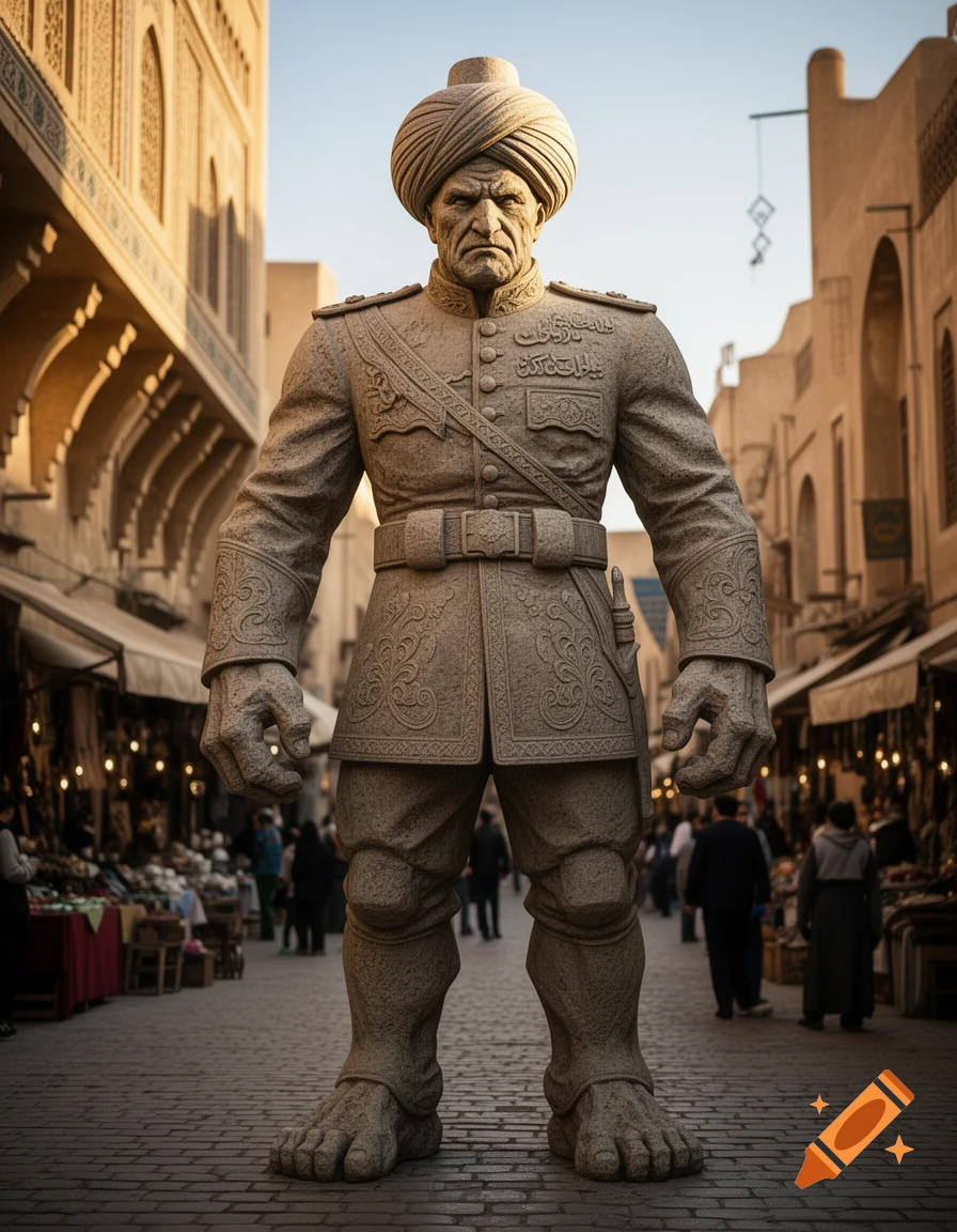 A massive, imposing stone golem in a 1900s Ottoman soldier's uniform stands in a bustling, sunny marketplace with old buildings.