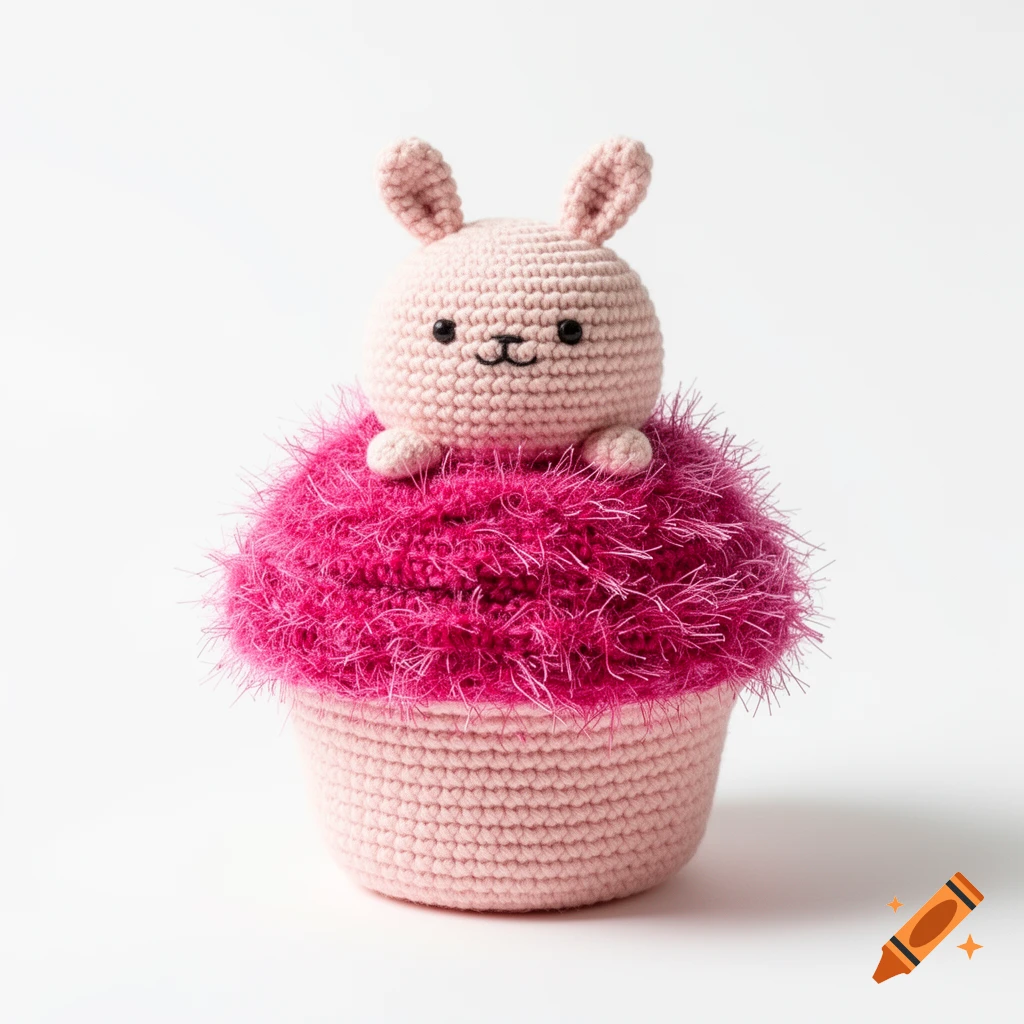 A cute pink crocheted amigurumi bunny sits on a fluffy hot pink crocheted cupcake against a white background.