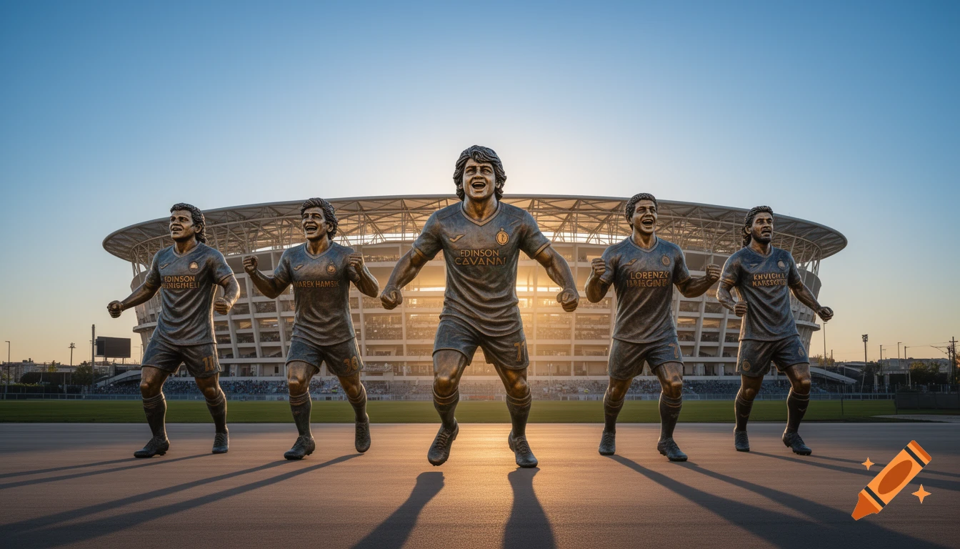 Photorealistic image of five bronze football player statues in front of a large, modern stadium under a clear sky.
