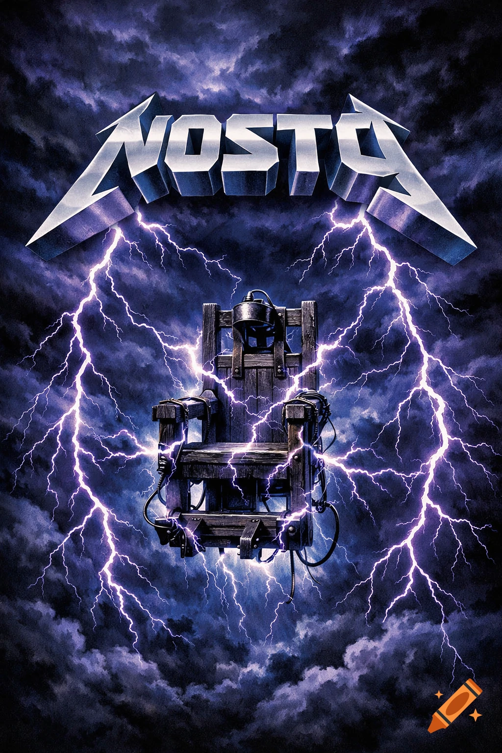 Heavy metal album art featuring a stylized "NOSTO" logo above an electric chair engulfed in purple lightning against a stormy sky.