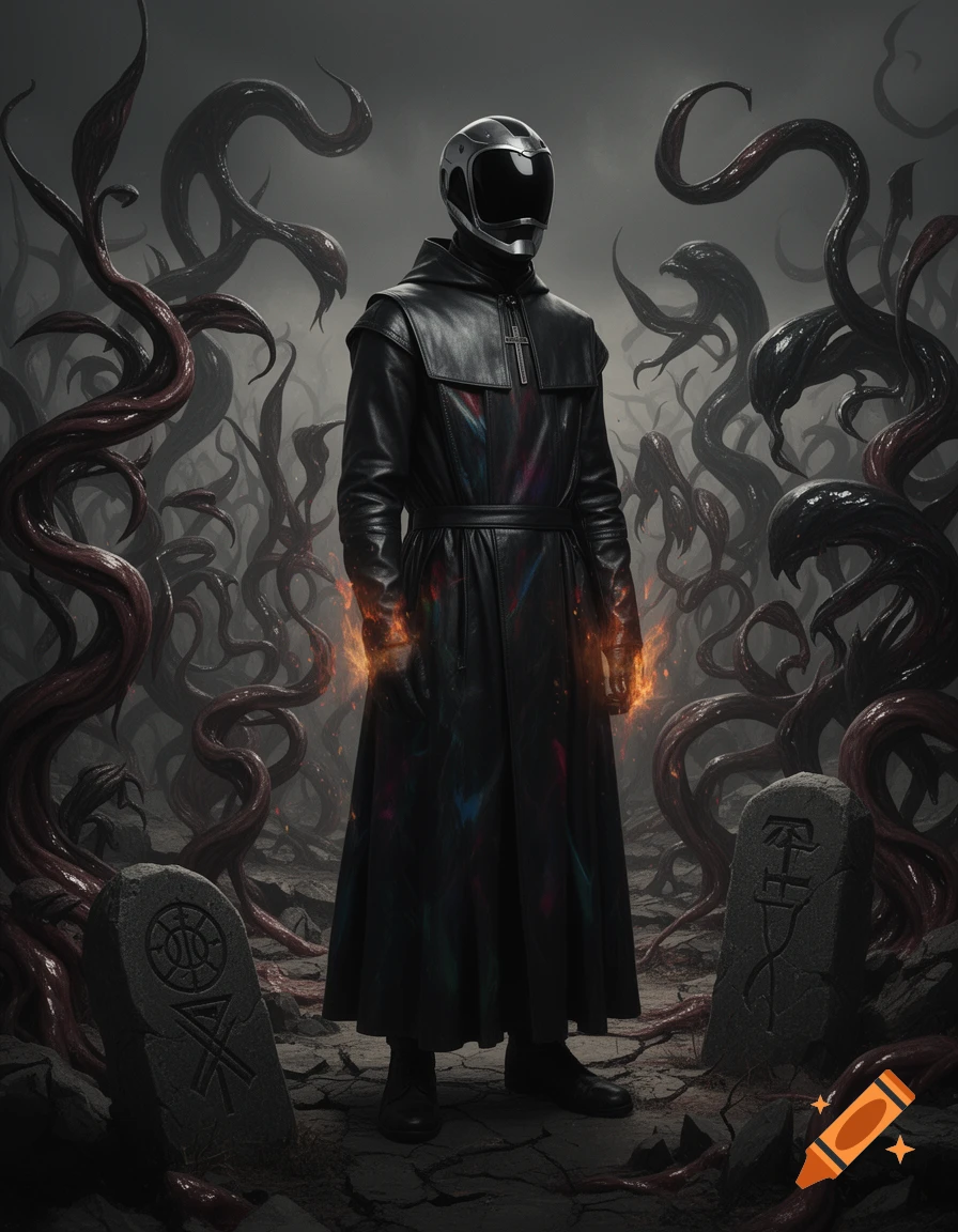 A figure in a black leather hooded robe with a shiny silver motorcycle ...