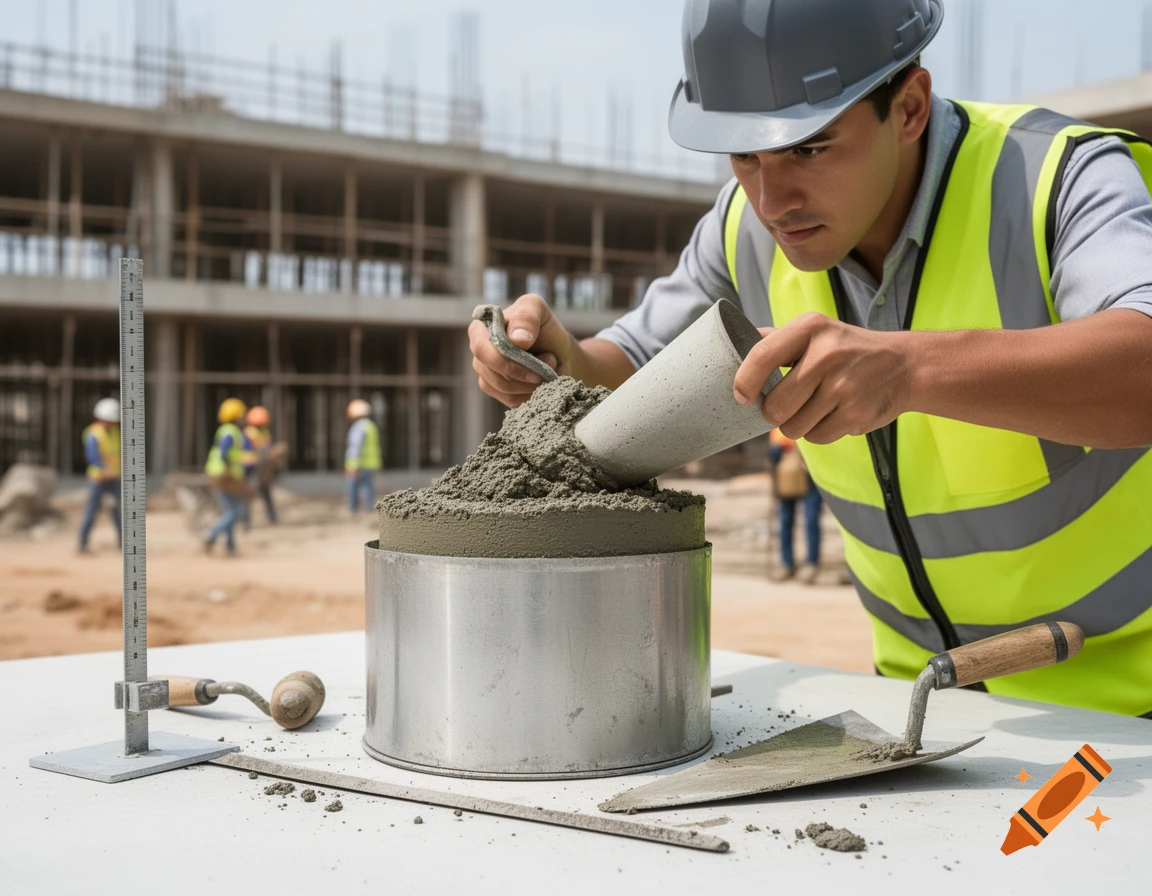A construction worker performs a concrete slump test on a building site.