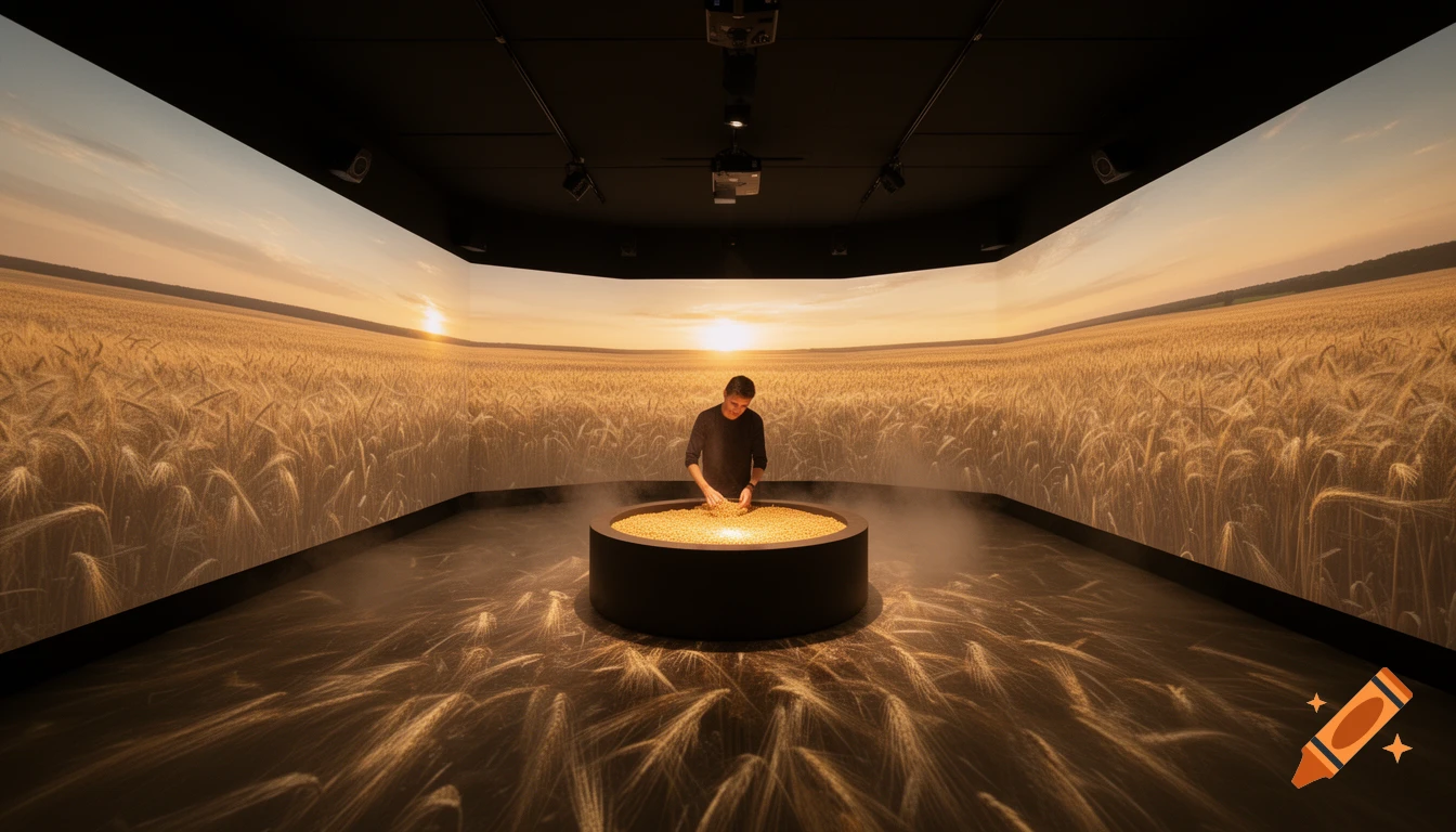 A person interacts with glowing wheat grains in an immersive exhibition room with 360-degree projected wheat fields at sunset.