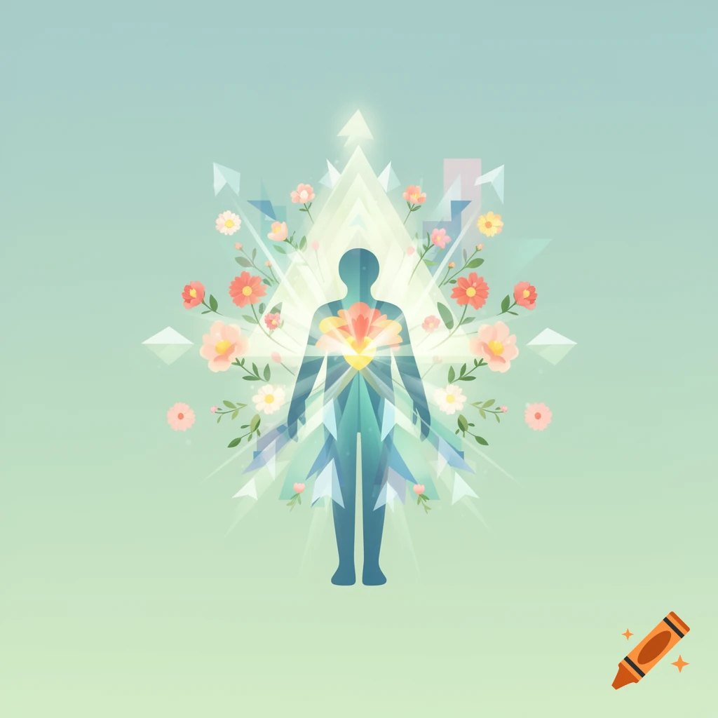 Stylized human silhouette with a glowing heart, surrounded by geometric shapes and flowers, on a gradient green background.