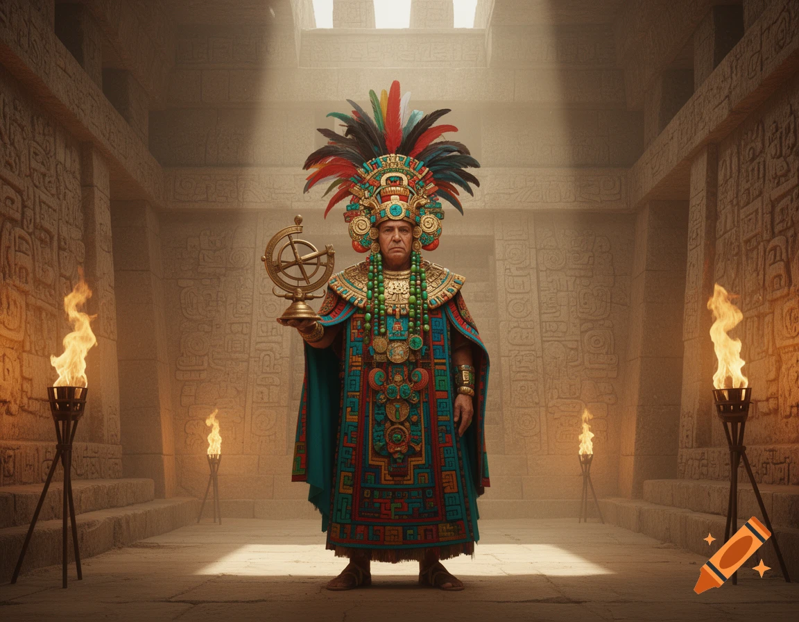 An Aztec priest in vibrant feathered regalia holds an armillary sphere in a torchlit stone temple with intricate carvings.