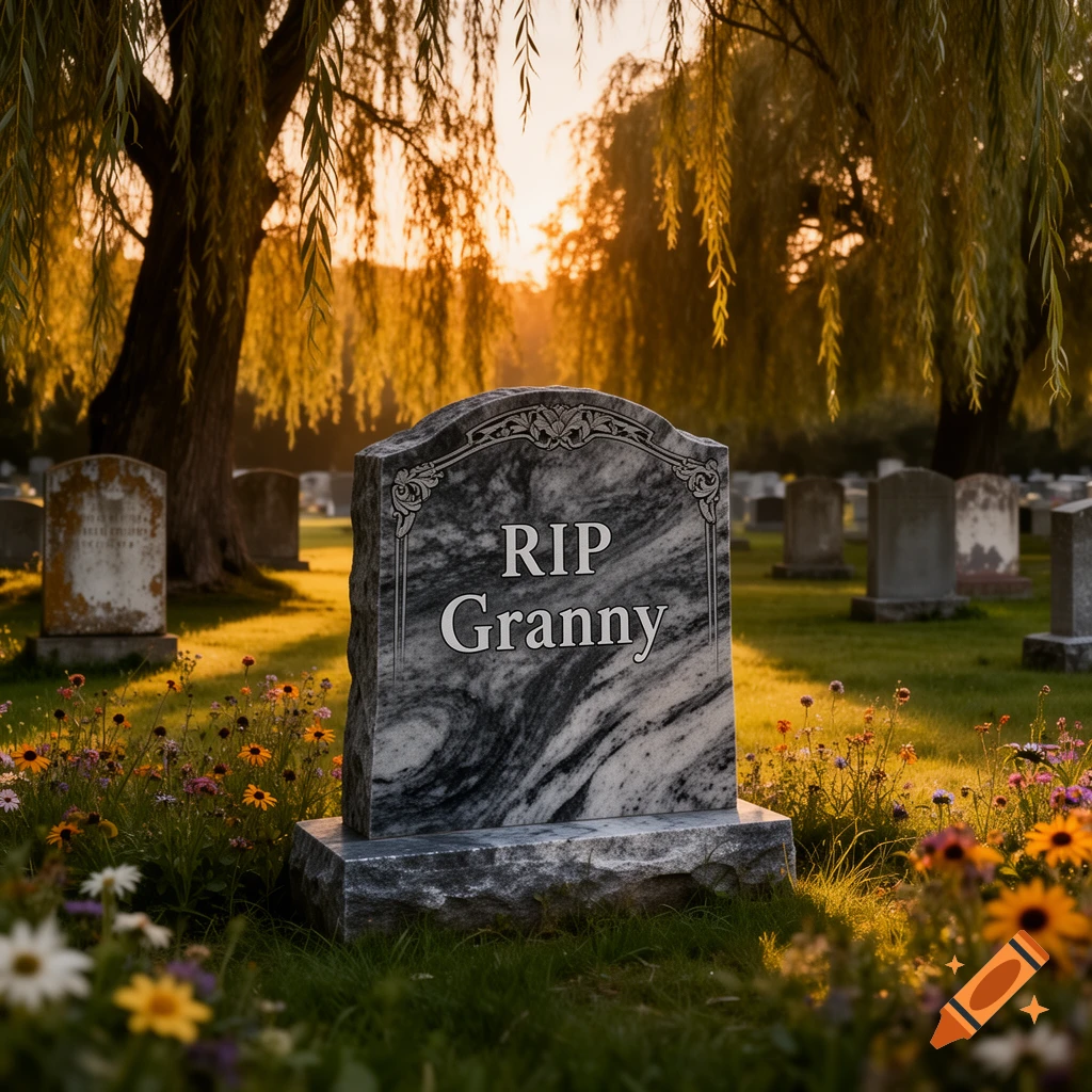 A marble tombstone with 'RIP Granny' in a sunlit graveyard with wildflowers and weeping willows.