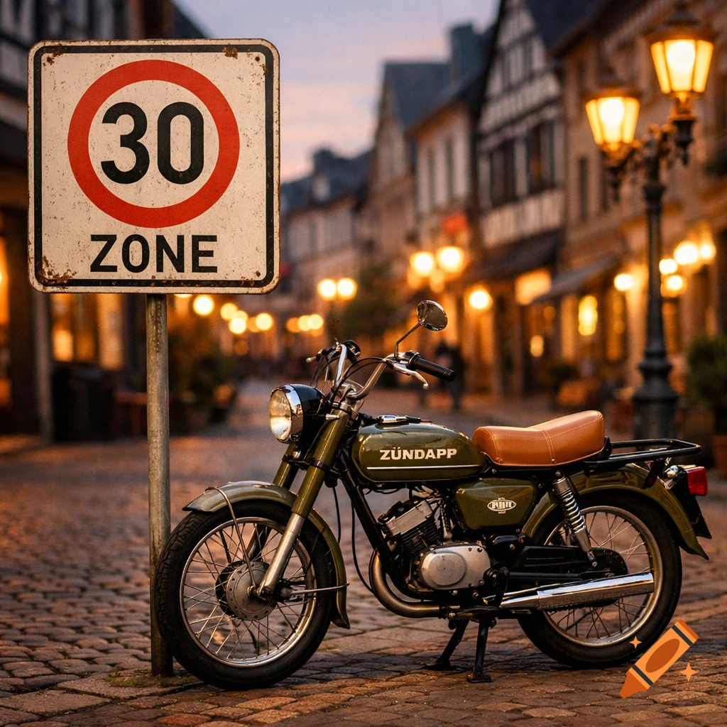 A vintage Zündapp moped parked next to a "30 ZONE" speed limit sign on a cobblestone street in a European town at dusk, with illuminated streetlights and buildings in the background.