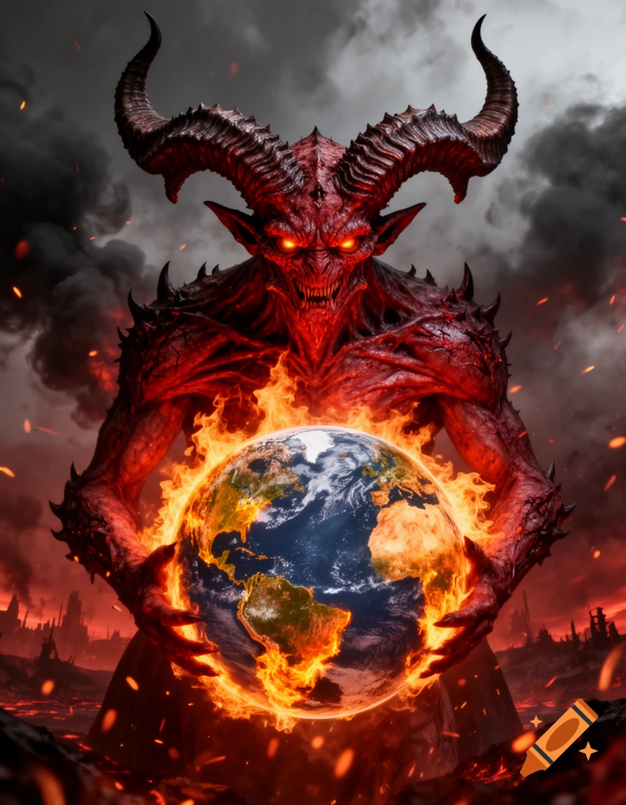 A fearsome red demon with large horns holds a burning Earth in a dark, fiery, apocalyptic landscape.