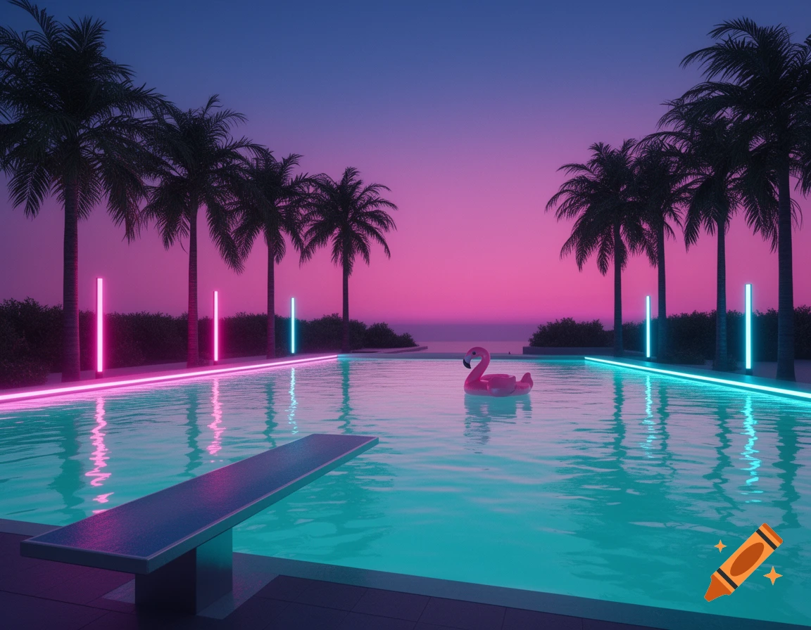 Vaporwave pool at dusk with pink and blue neon lights, palm trees, a diving board, and a pink flamingo float.