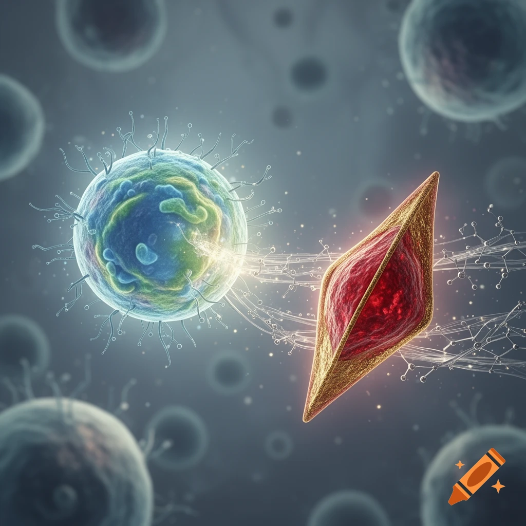 Microscopic view of a blue-green spherical cell with tendrils interacting with a red and gold rhomboid cell, surrounded by other blurry cells.
