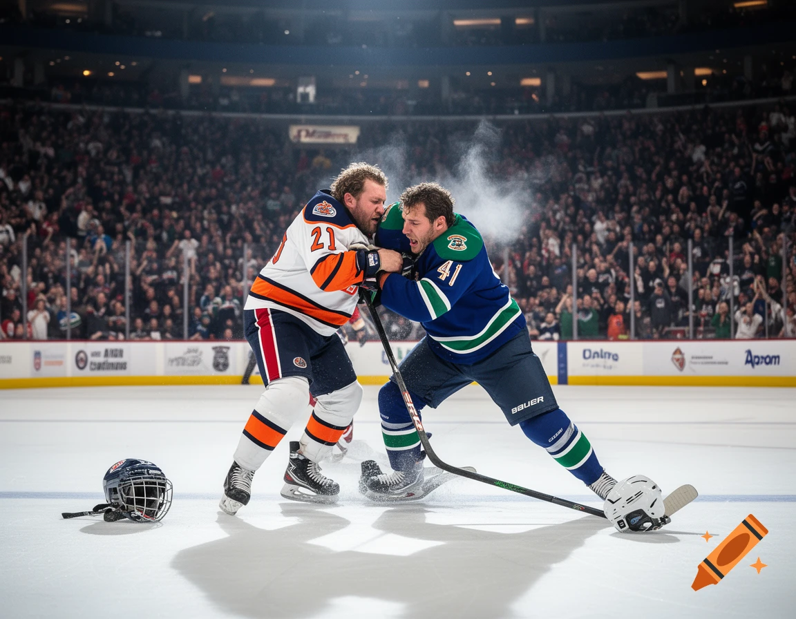 Photorealistic image of two hockey players fighting on the ice in a crowded arena, with one helmet on the ice.