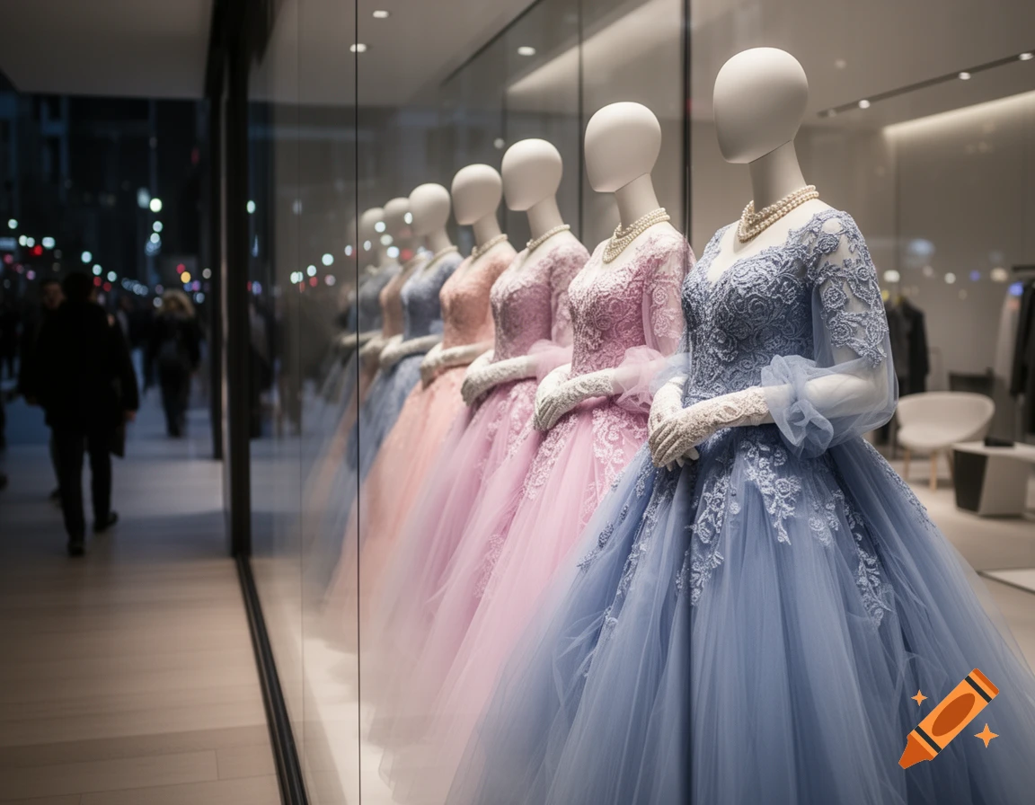 A row of mannequins in elegant pastel pink and blue ball gowns displayed in a shop window, with a blurred street scene reflected.