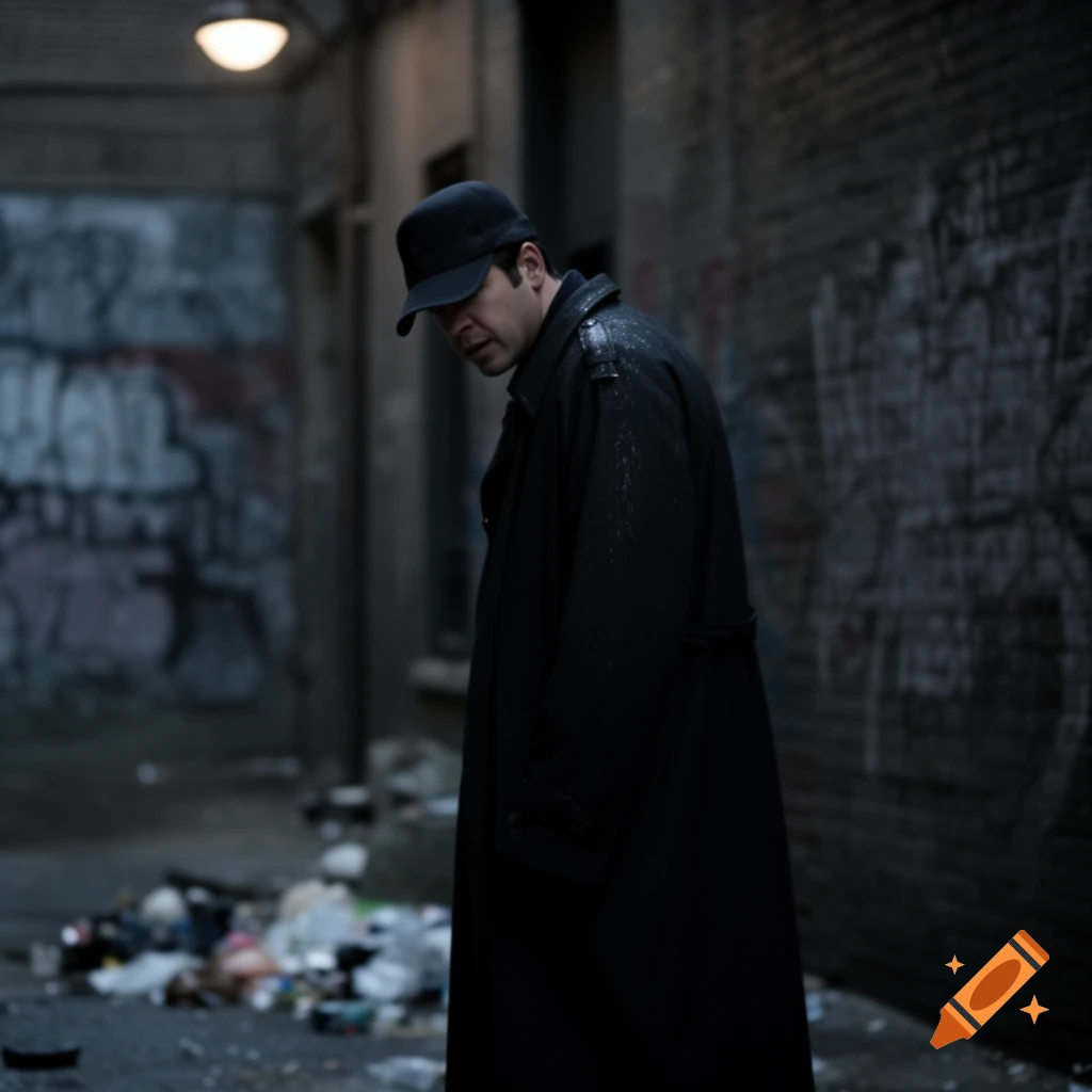 Man in a black trench coat and baseball cap stands in a dark, trash-filled urban alley with graffiti.