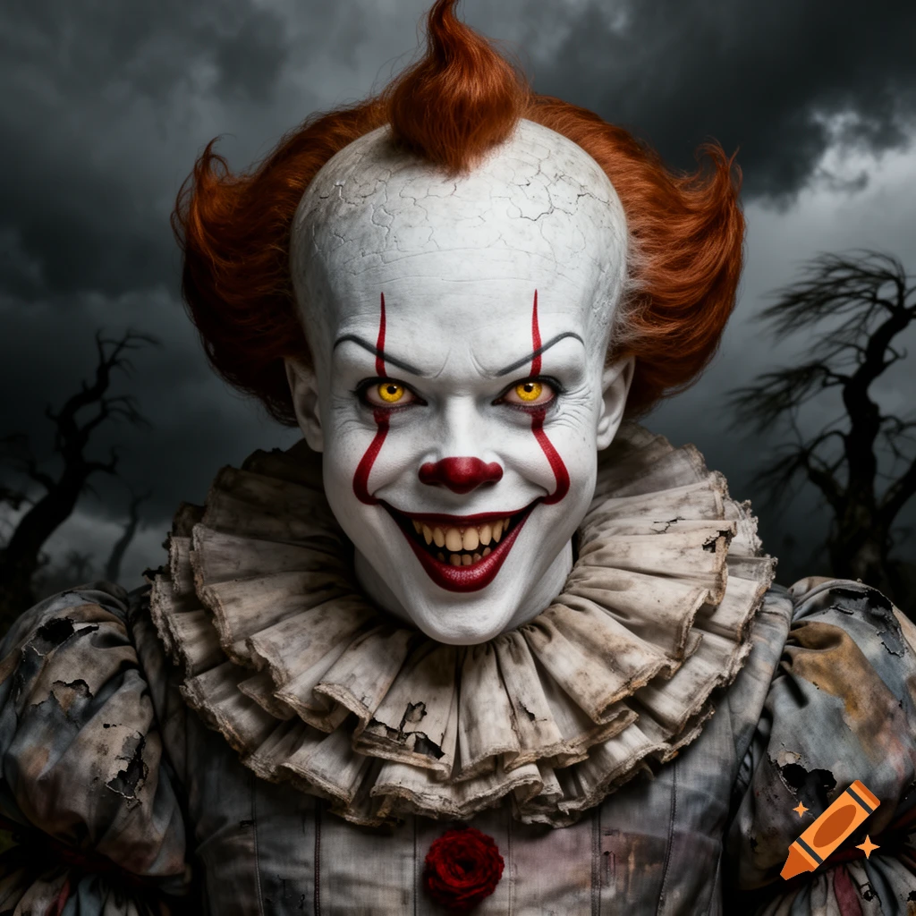 A close-up, photorealistic portrait of Pennywise the clown, with a cracked white face, yellow eyes, red makeup, and a ruffled collar, against a dark, stormy sky with bare trees.