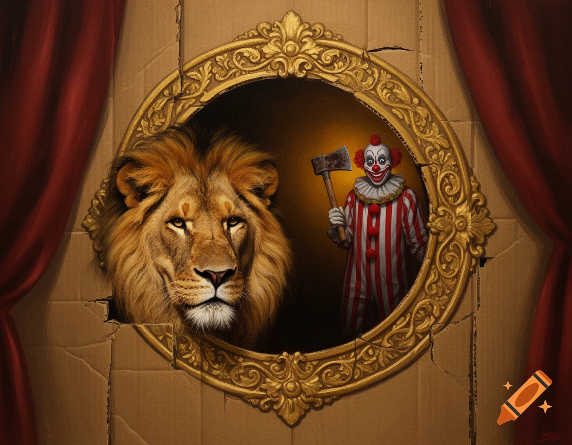 A majestic lion's head peeks through a hole in a cardboard wall with a golden ornate frame. Behind it, a creepy clown with an axe stands in a red and white striped suit.