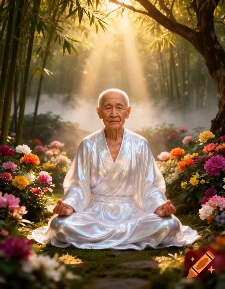 An elderly person with white hair meditates in a lotus position, wearing a shimmering white robe, surrounded by colorful flowers and bamboo under sunlit rays.
