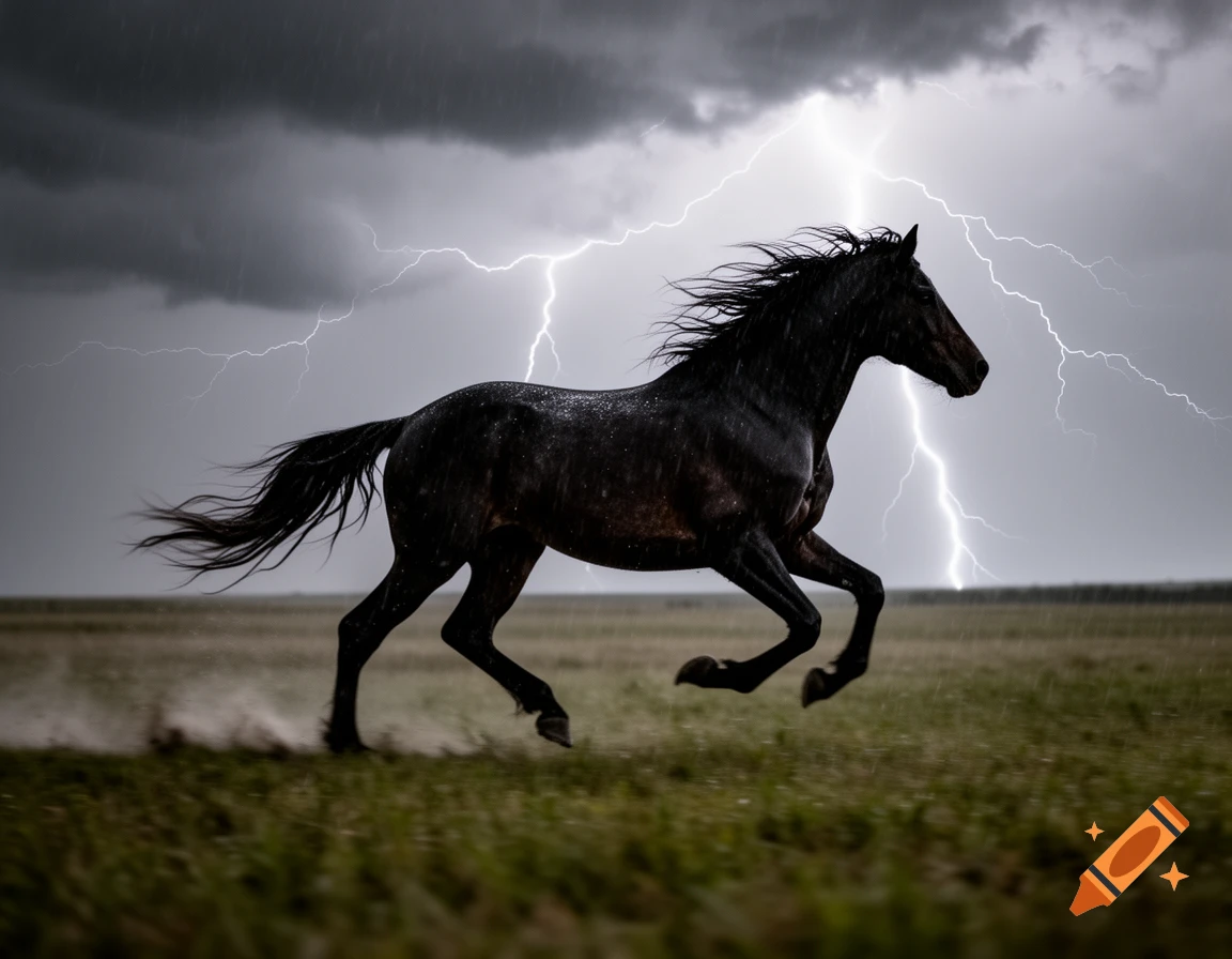 A dark horse gallops through a grassy field as lightning flashes across a stormy, rainy sky in a dramatic, photorealistic style.