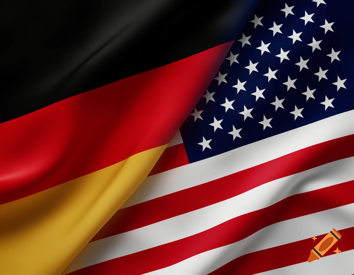 The German flag with its black, red, and gold stripes, partially overlaps the American flag with its stars and stripes, both rippling in realistic fabric textures.