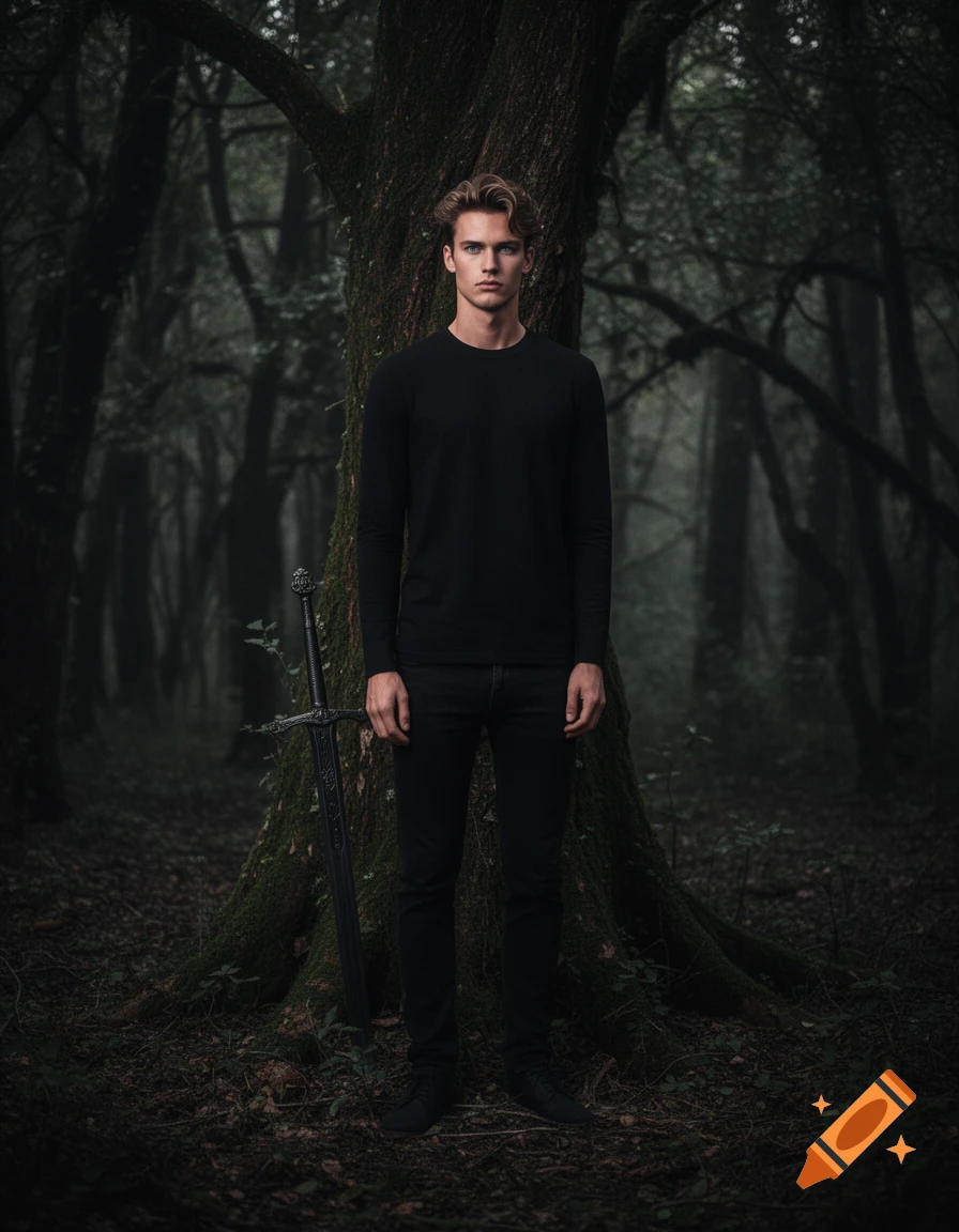 A young man with blonde hair and blue eyes stands in a dark forest, leaning against a tree with a dark, ornate sword beside him.
