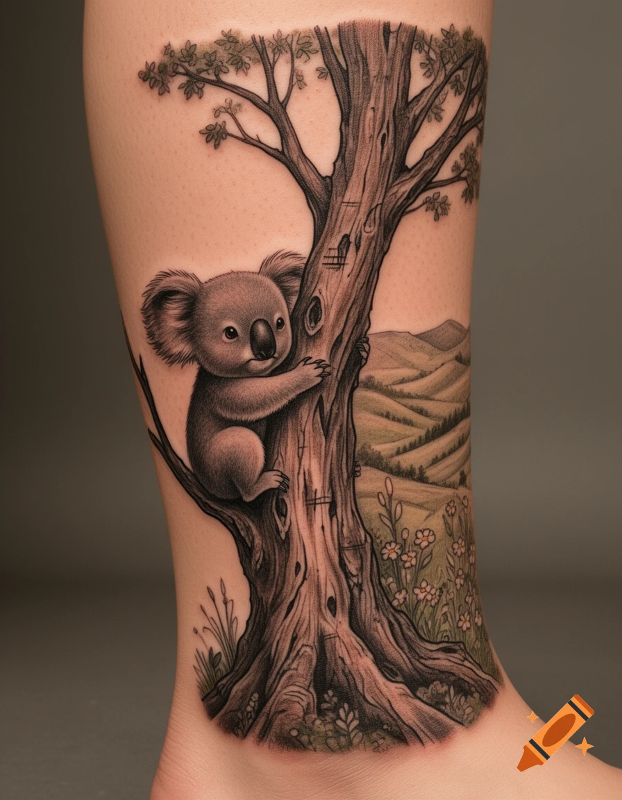 Realistic tattoo of a koala hugging a tree trunk on a leg, with a rolling landscape and flowers in the background.