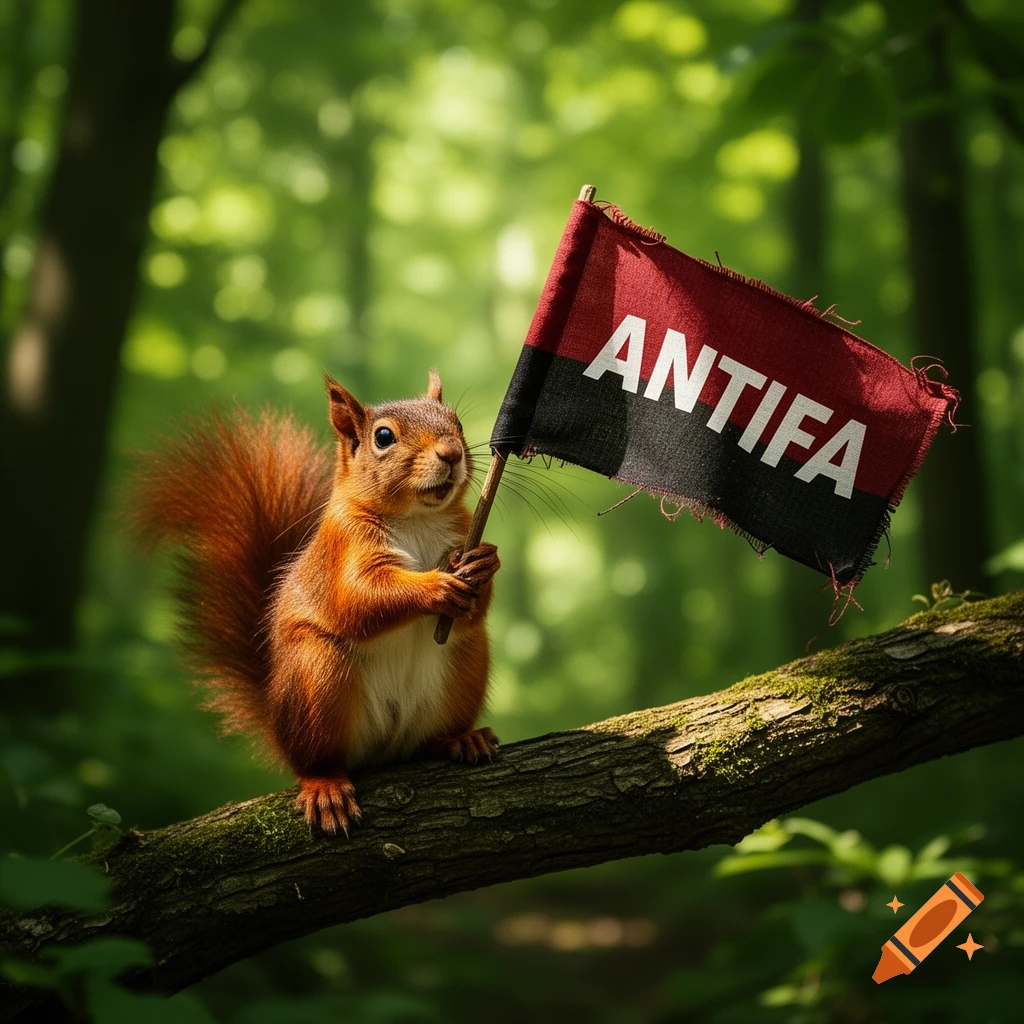 A photorealistic red squirrel stands on a mossy tree branch in a sunlit forest, holding a small tattered black and red flag with "ANTIFA" written in white letters.