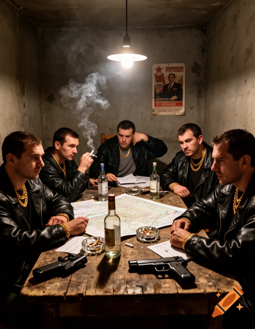 Five men in leather jackets and gold chains sit around a wooden table with guns, bottles, and a map, one smoking, in a dimly lit room.