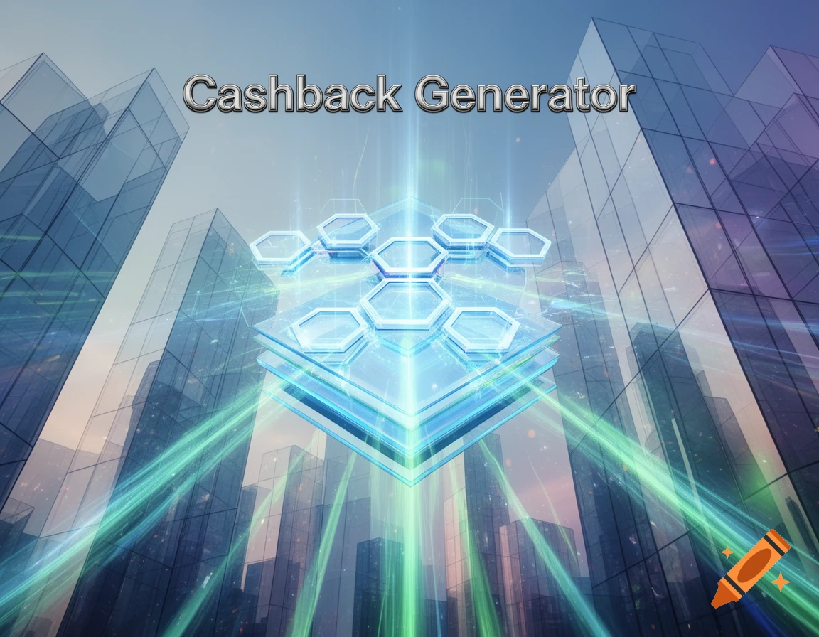 Futuristic cityscape with glowing blue technological core, green light beams, and the text 'Cashback Generator'.