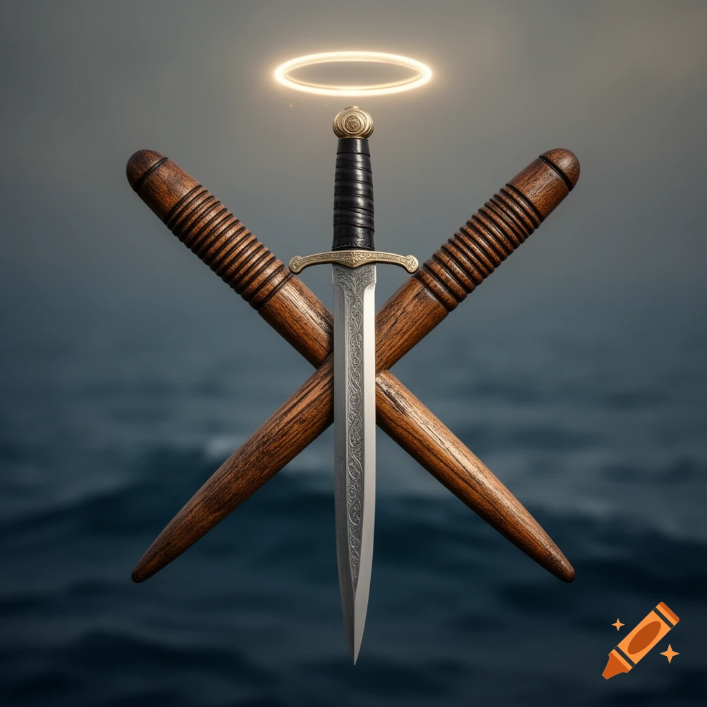 Photorealistic image of a medieval dagger crossed with two wooden belaying pins, with a glowing halo above, set against a dark, blurry water background.