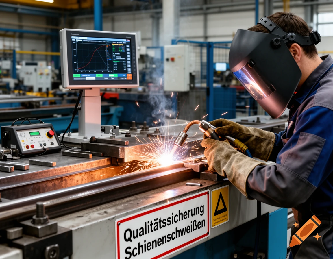 A welder in a factory works on metal, sparks flying, with a monitor displaying data nearby. Photorealistic.