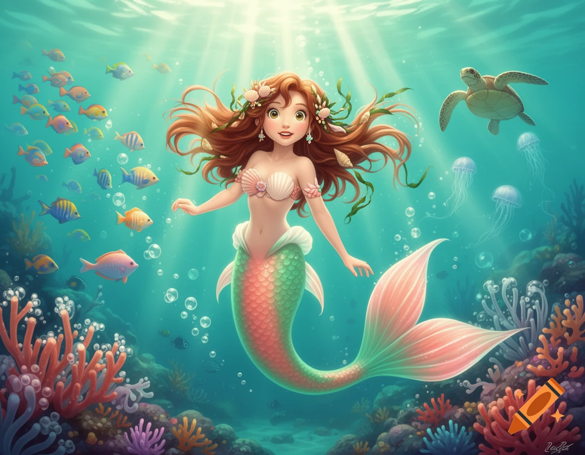 A cartoon mermaid with long brown hair and a green-pink tail swims gracefully underwater with colorful fish, a turtle, and jellyfish.