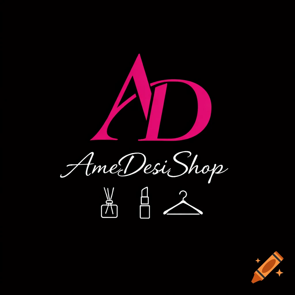 Minimalist logo on a black background featuring fuchsia 'AD' letters, white cursive 'AmeDesiShop' text, and fine-line icons of a diffuser, lipstick, and clothing hanger.