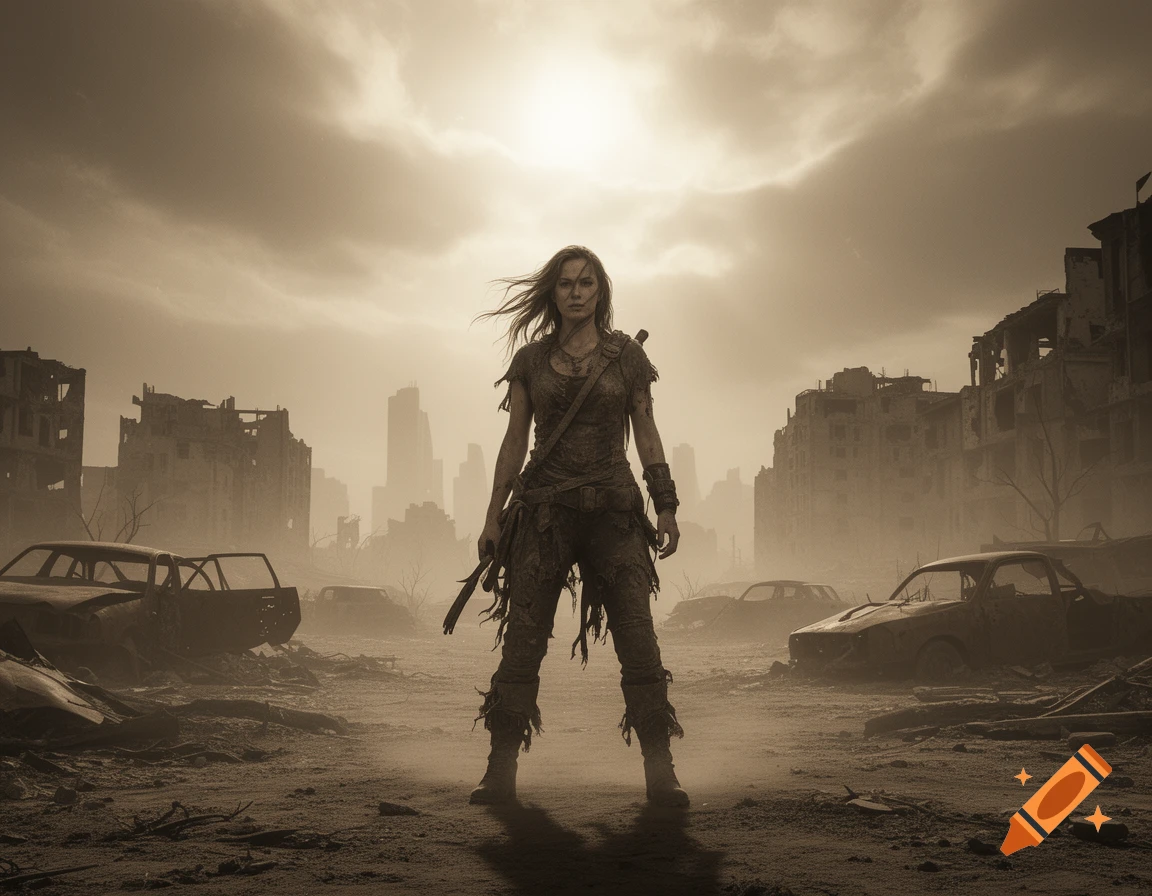 A photorealistic image of a woman in torn clothes standing in a ruined post-apocalyptic city with wrecked cars under a hazy sky.