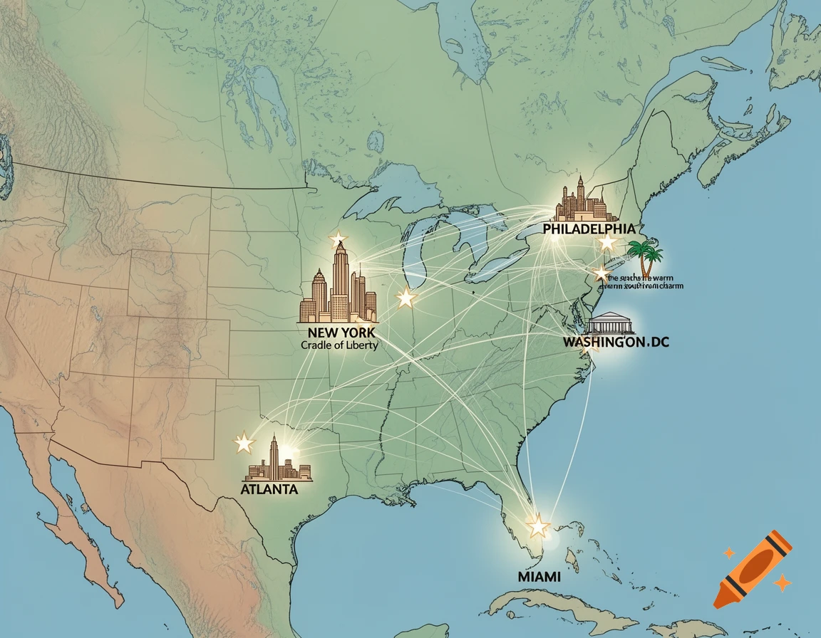 A stylized map of the Eastern United States showing five cities: New York, Philadelphia, Washington D.C., Atlanta, and Miami, with lines connecting them.