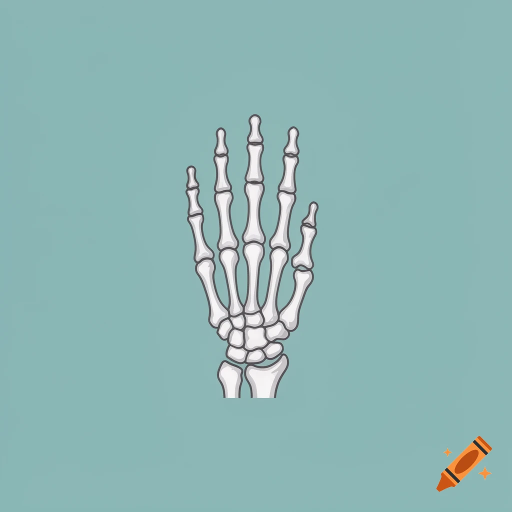 A stylized, minimalist illustration of a human skeletal hand with carpal bones on a solid teal background.