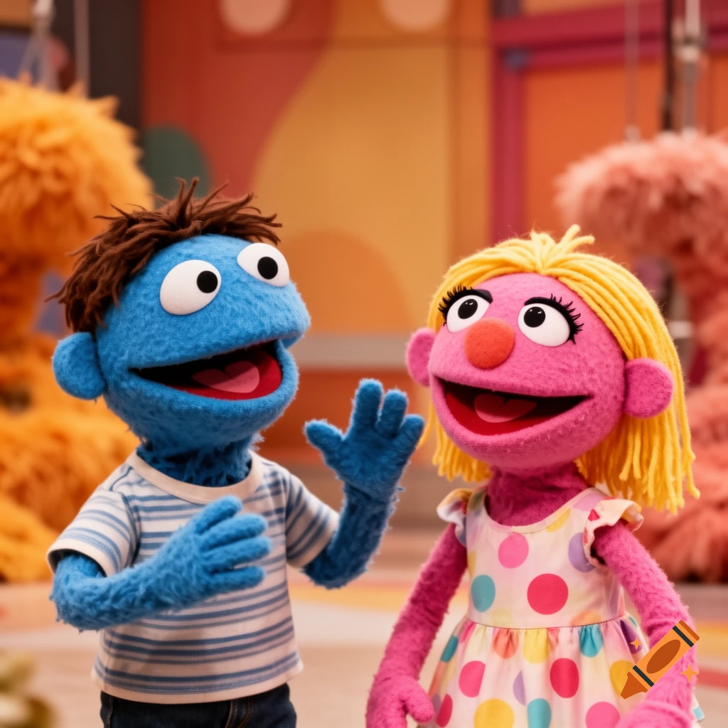 A friendly blue muppet boy in a striped shirt gestures next to a smiling pink muppet girl in a polka dot dress on a colorful set.