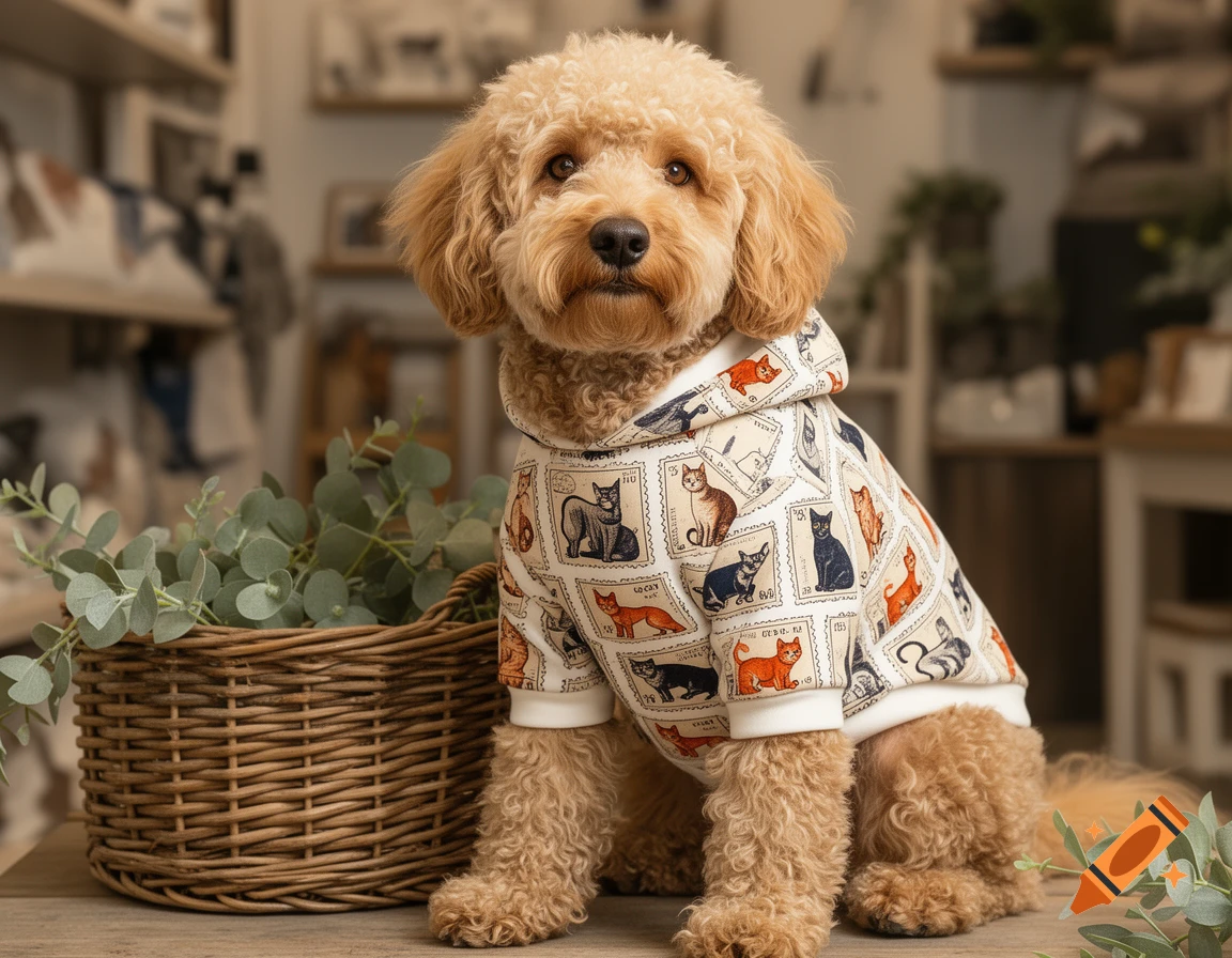 A fluffy golden doodle dog sits wearing a white hoodie with vintage postage stamp illustrations of cats and dogs, next to a wicker basket with eucalyptus leaves.