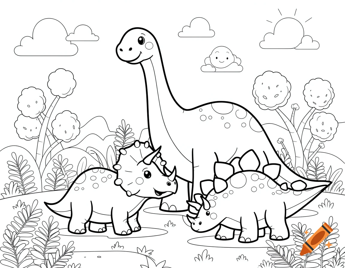 Black and white line art coloring page of cute cartoon dinosaurs: a Brachiosaurus, a Triceratops, and a Stegosaurus in a prehistoric landscape.