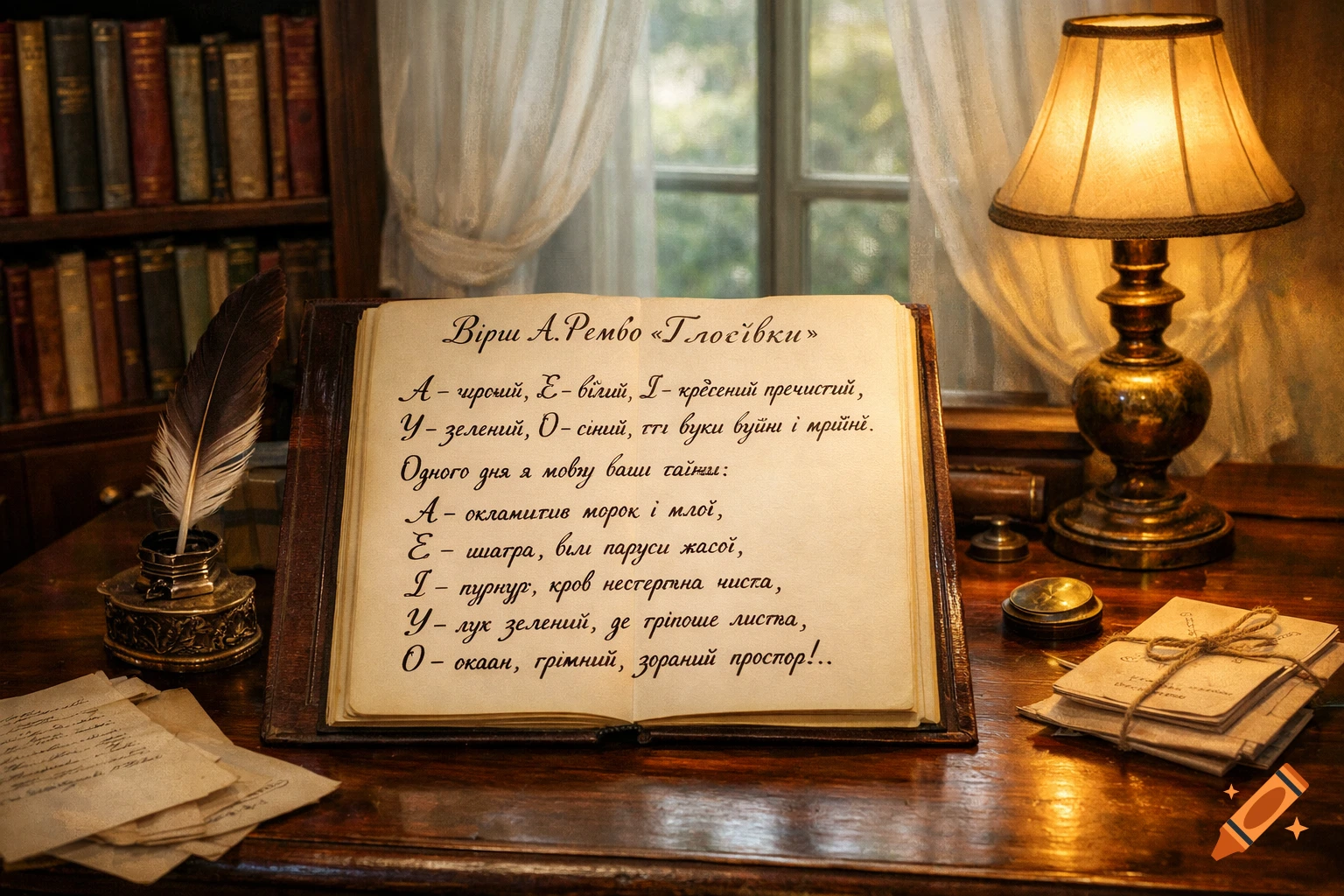 An open book with a poem, a quill, an inkwell, a lit lamp, and old papers on a vintage wooden desk in a study.