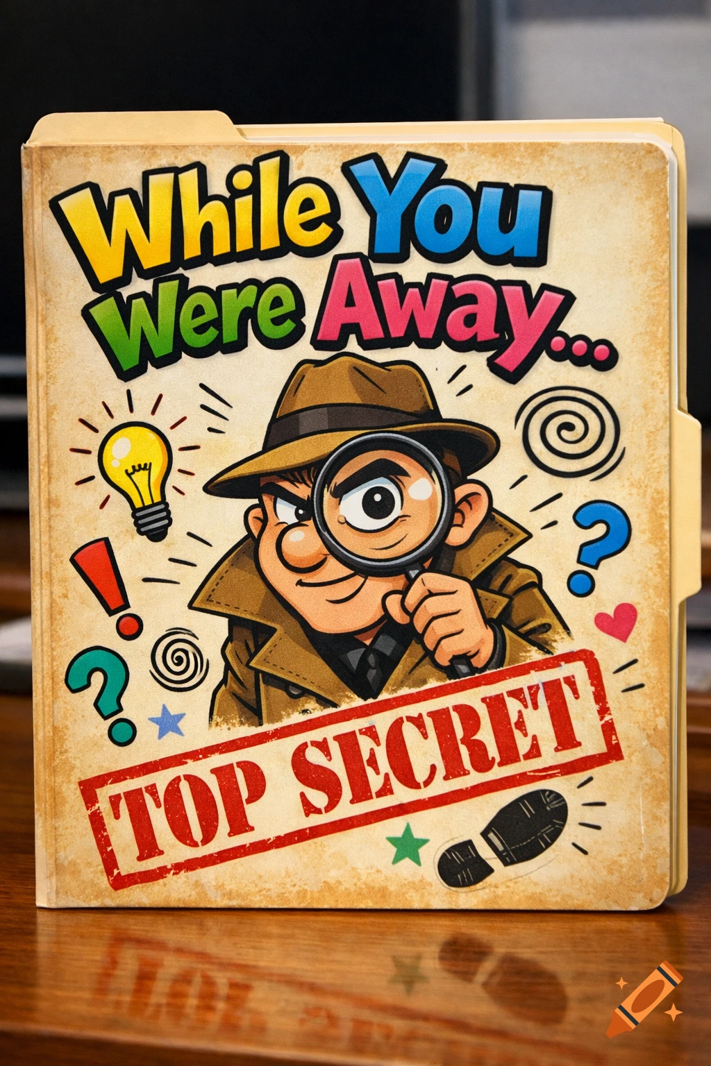 A cartoon folder cover titled 'While You Were Away...' featuring a detective peering through a magnifying glass, with a 'TOP SECRET' stamp.