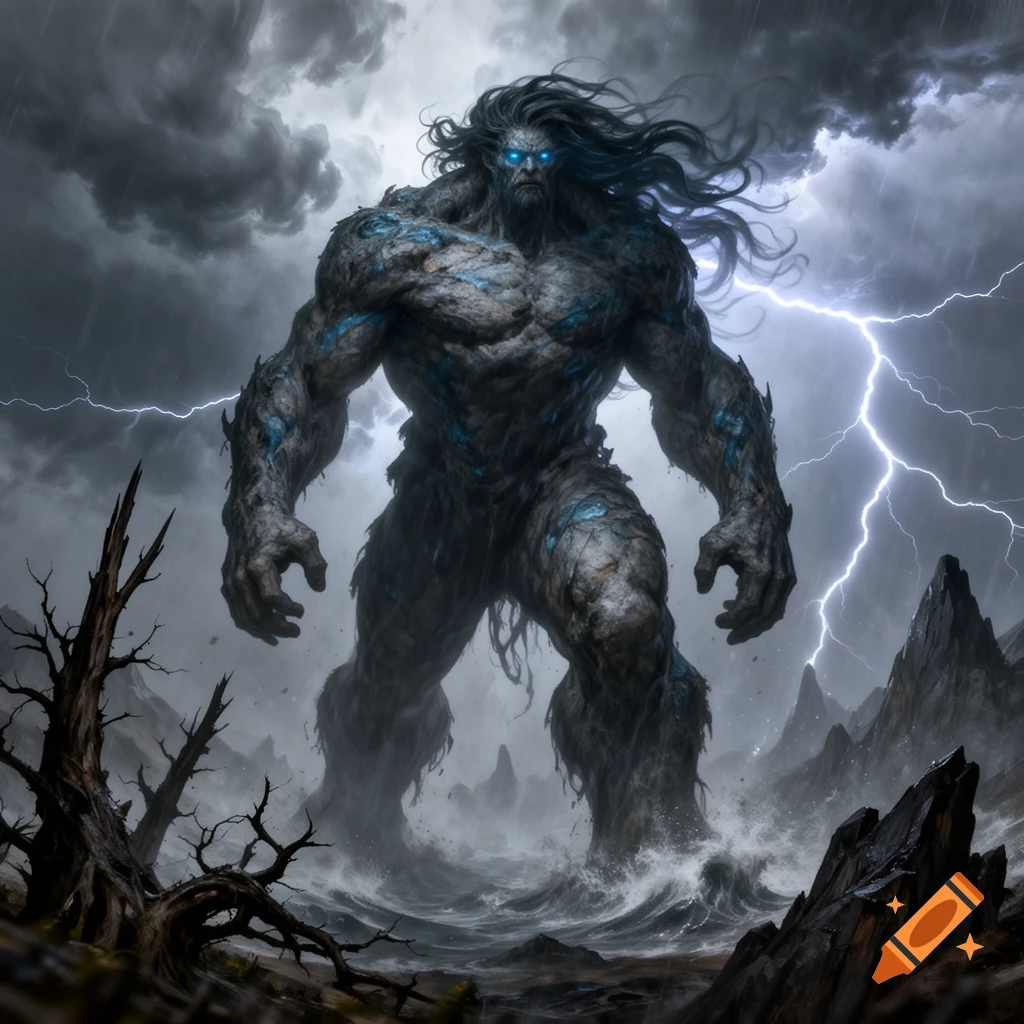 A massive, muscular storm giant with glowing blue eyes and long dark hair stands in stormy waters with lightning and dark clouds.