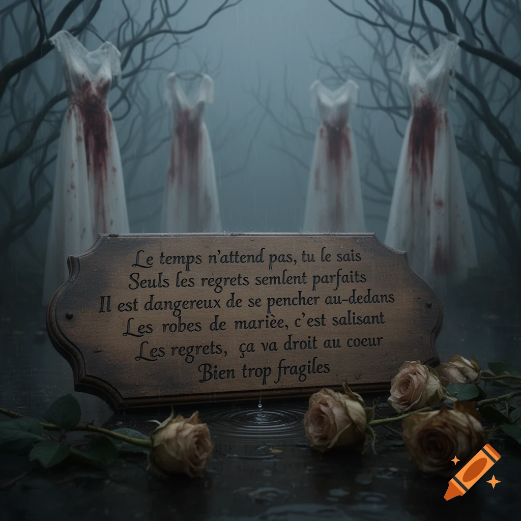 A wooden sign with French text on a wet ground with withered roses in the foreground. In the misty background are four white wedding dresses stained with blood, hanging from bare tree branches in the rain.
