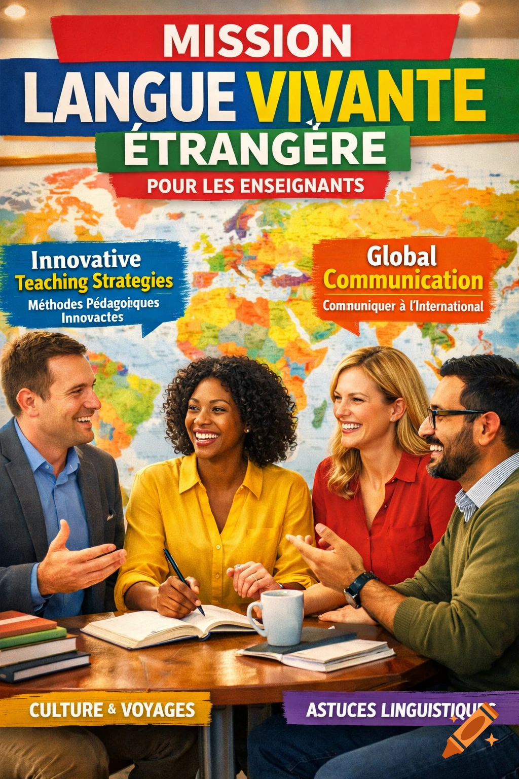 A colorful magazine cover titled "Mission Living Foreign Language For Teachers" shows four smiling diverse adults at a table with a world map behind them.