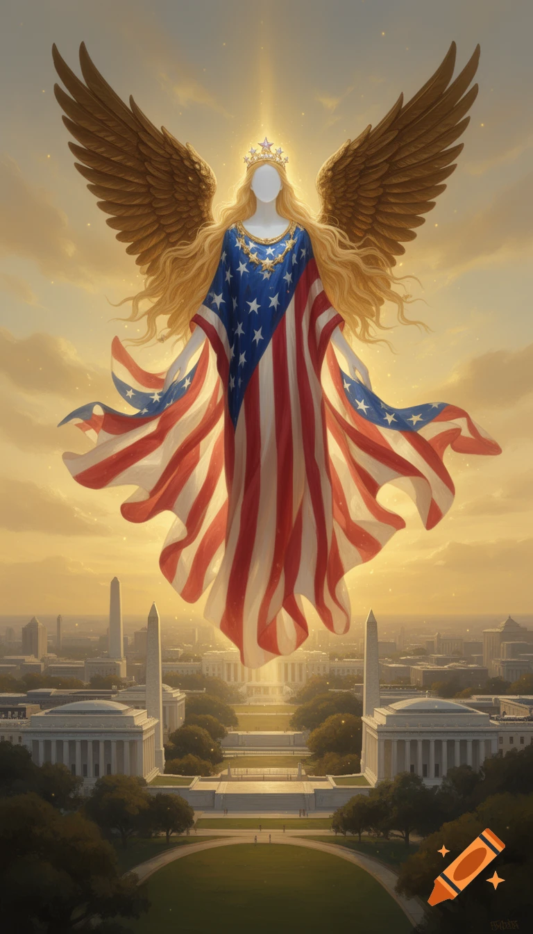 A majestic, winged figure draped in an American flag, with long blonde hair and a star-studded tiara, floats above the Washington D.C. skyline at sunrise.