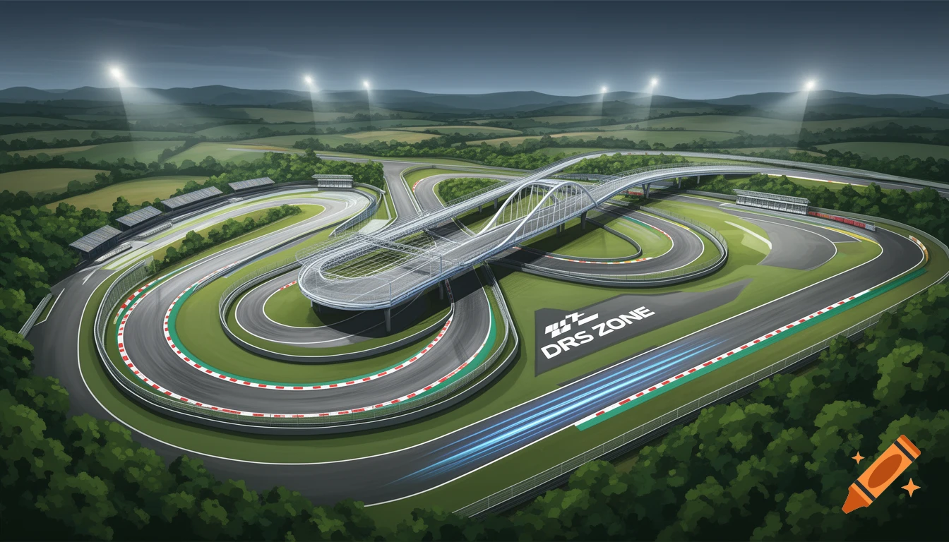 Aerial view of an illustrative race track with a curved bridge, DRS zone marking, and green hills under spotlights.