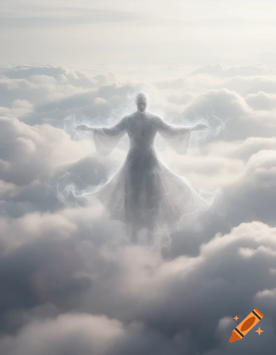 A glowing, ethereal figure with outstretched arms stands amidst fluffy white clouds under a bright sky.
