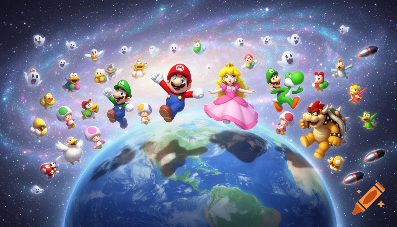 Mario, Luigi, Princess Peach, Bowser, Yoshi, and other Super Mario characters float around a vibrant Earth in a starry galaxy.