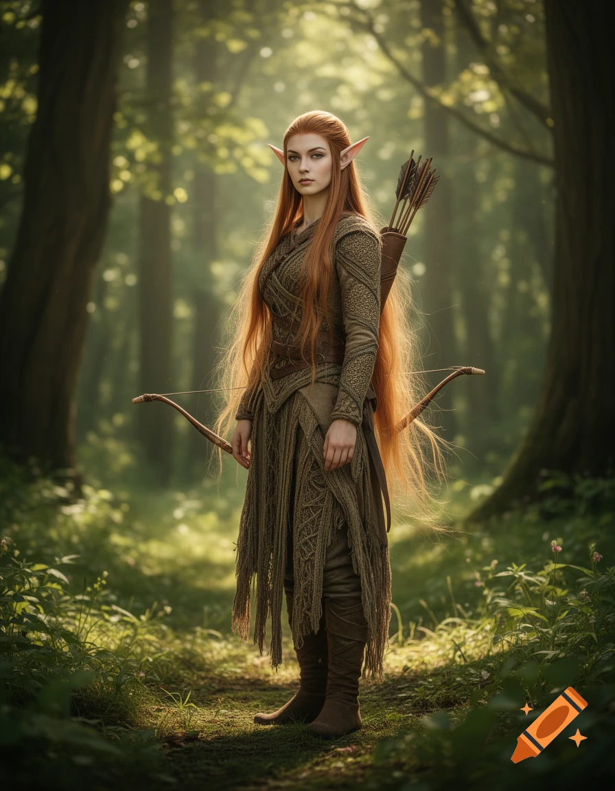 A red-haired elf archer in a green tunic stands in a sunlit forest, holding a bow with a quiver on her back.